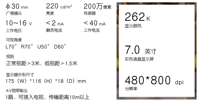 可视猫眼的技术参数——７英寸彩色液晶显示屏，可接入电视，清晰区分率